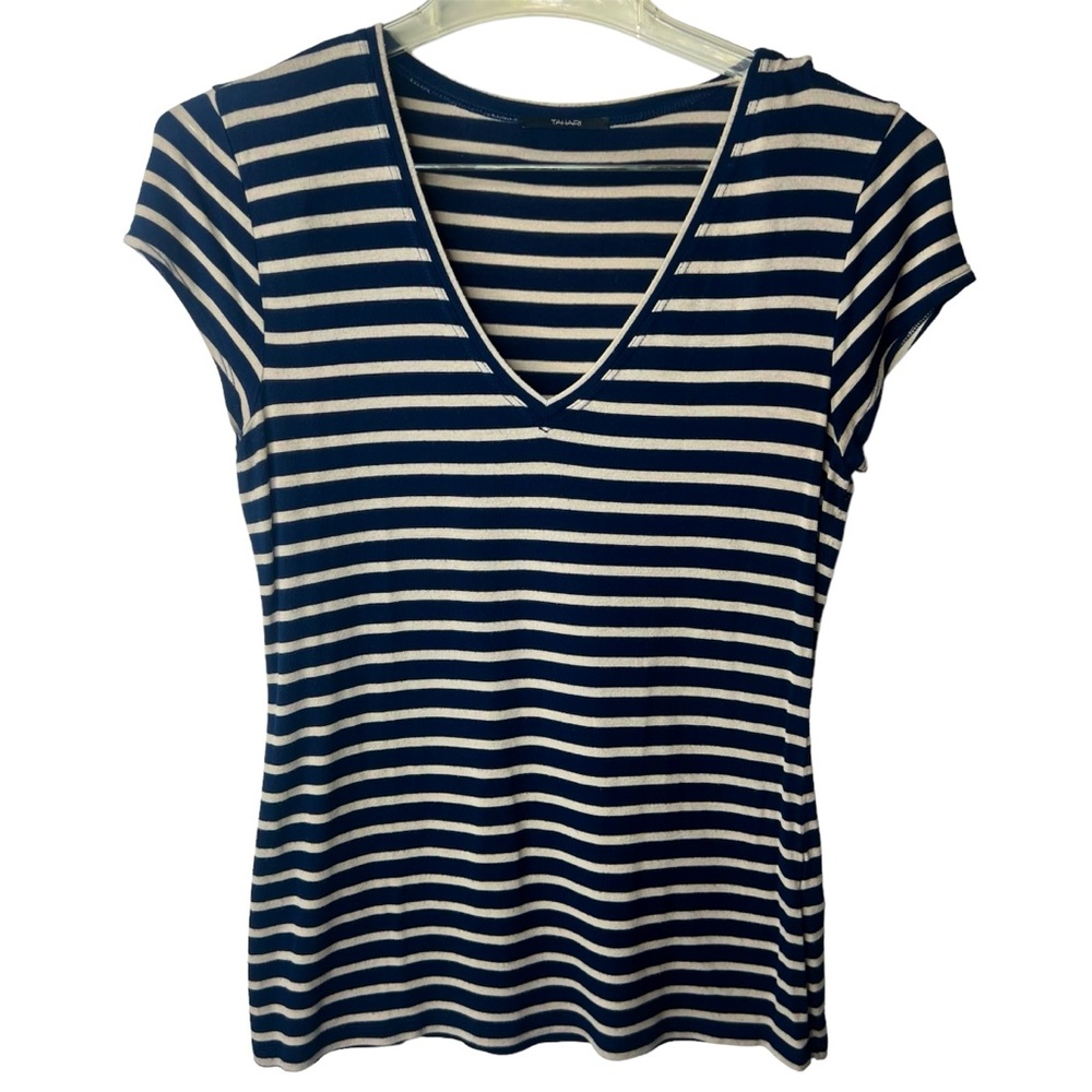 Tahari Women's size Medium Short Sleeve T Shirt Navy Blue/Cream Striped V-Neck